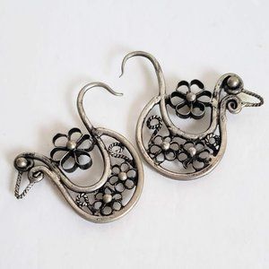 Large MIAO Silver BIRD EARRINGS Hmong Hoop Tribal Rustic Boho Gypsy Handmade